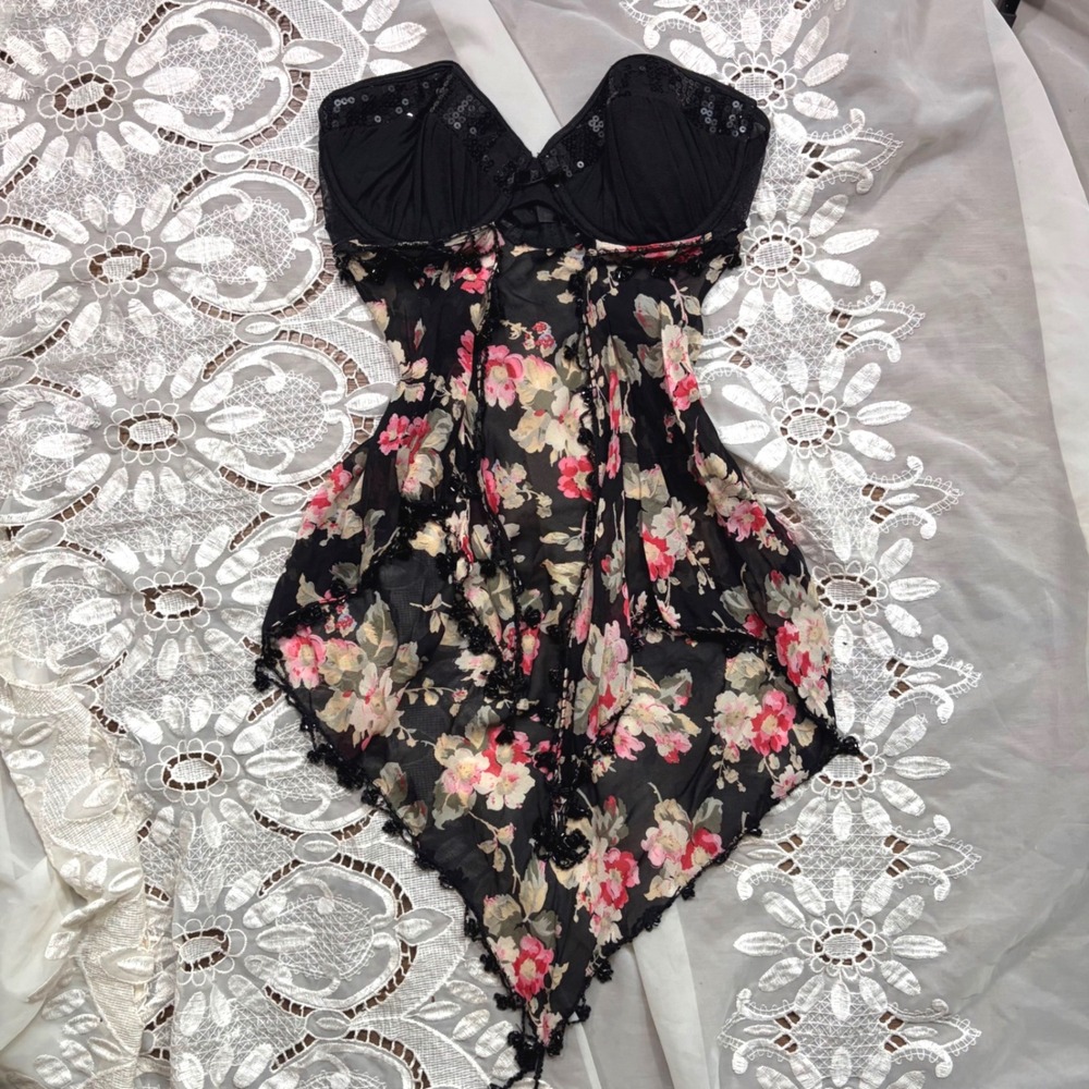 Handmade Floral Sheer Babydoll Top Black Sequin Underwire Beaded Tassel Hem
